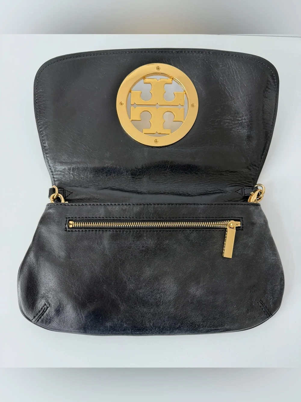 Tory Burch Reva Leather Clutch in Black with Gold Chain